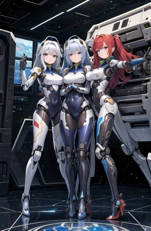 (masterpiece, highest quality, detailed),
 Many women have become cyborgs, 
 See all the viewers, 
 robot girls,
 All of them have perfect and beautiful faces,
 All of their arms and legs are mechanical parts.,
 All of the arms and legs have robotic joints.,
 All of them have different arm and leg shapes.,
 Everyone has a different hairstyle,
 Everyone is wearing nothing on top or bottom.,
 cockpit,
 spacecraft,
 SF,
 space,
 multi pose,
 Full Body Shot,
 Everyone is swapping limbs with each other.,
 Group selfie