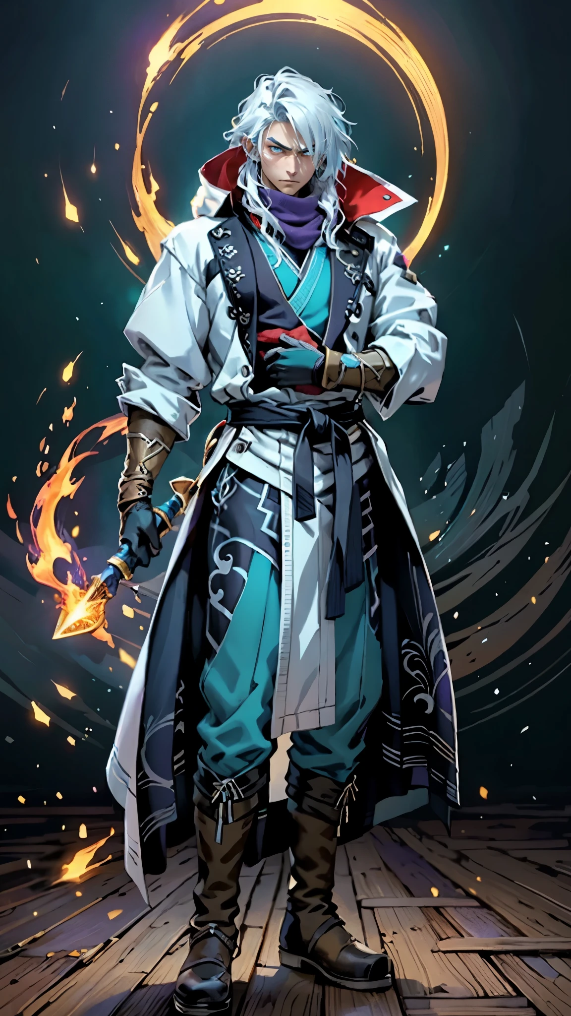 A man with medium-length teal blue long hair, middle part bangs, determined gaze, nordic ethnicity, well-defined facial features, calm expression, sturdy physique, a fantasy-style white long coat with purple-blue patterns, asymmetrical hem, a black belt, gloves, fabric trousers, leather boots, blue and red energy swirling around him, impacting the grassland with their diffused aura, this character embodies a finely crafted fantasy martial arts-style hero in anime style, exquisite and mature manga art style, high definition, best quality, highres, ultra-detailed, ultra-fine painting, extremely delicate, professional, perfect body proportions, golden ratio, anatomically correct, symmetrical face, extremely detailed eyes and face, high quality eyes, creativity, RAW photo, UHD, 32k, Natural light, cinematic lighting, masterpiece-anatomy-perfect, masterpiece:1.5