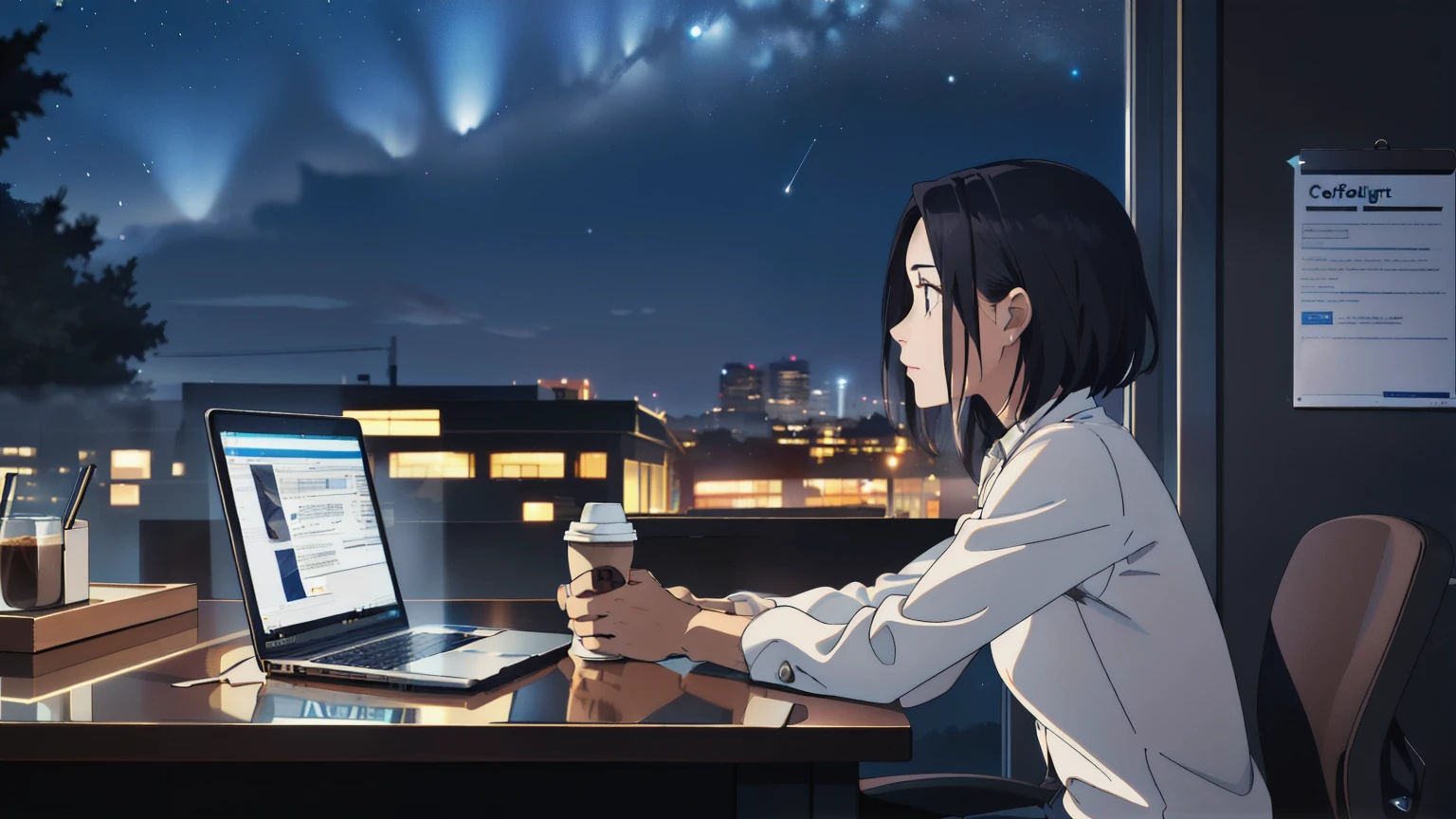 (RAW Photos, highest quality), One girl,  Night Sky, Mature Woman, Dark office,Perfect spot lighting,Coffee in one hand,Looking out,Laptops