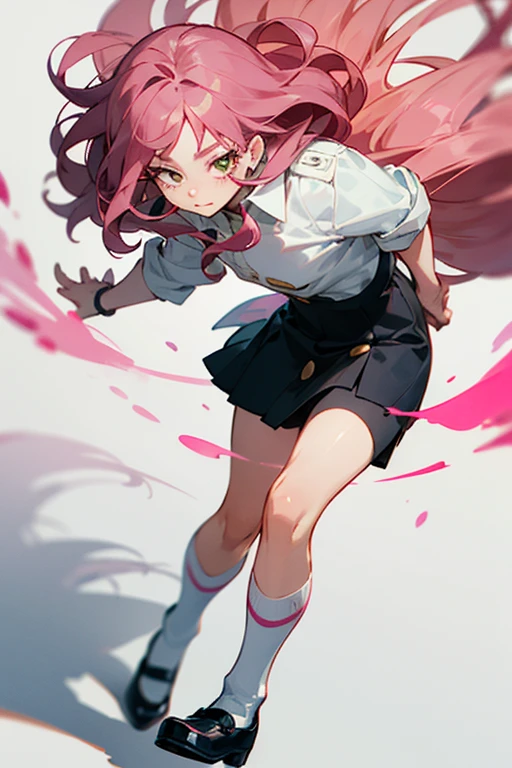 Xreate a my hero academia character with short black and pink wavy hair, big hazel eyes and lomg eyelashes. She should be wearing a short dark green skirt, a white button up shirt, knee high white socks, black mary janes. She should be hangimg out with Katsuki Bakugo from the same series and Mina Ashido
