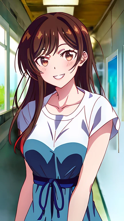 chizuru, 1 chica, solo, Largo_cabello, mirando_en_espectador, rubor, sonrisa, abierto_mafuerah, golpes, Brown_cabello, camisa, vestido, Brown_eyes, clavicle, superior_cuerpo, afueradoors, sin mangas, day, Cabeza_inclination, sin mangas_camisa, borroso_Fondo, blue_vestido, Mirar_afuera