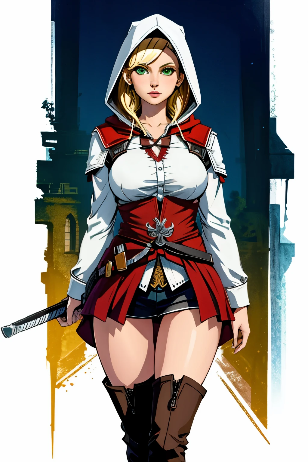 1 chica, alone, young girl, joven, Стиль Assassin's Creed, ropa corta, poca ropa, botas hasta la rodilla, Pulseras en las piernas, Ciudad medieval al fondo, Renacimiento, muy detallado, Realistic long-term photography., 4k, ropa, poca ropa, pelo largo, long hair, pelo rubio, blonde hair, ojos verdes, green eyes, pechos grandes, pechos, big breast, breasts, hood, capucha,Chica con traje de Assassin's Creed Altair con capucha, hood, Assassin symbol's Creed en la cintura stockigs, medias, white stockings, medias blancas,fellatio, fellatio gesture, nsfw, +18