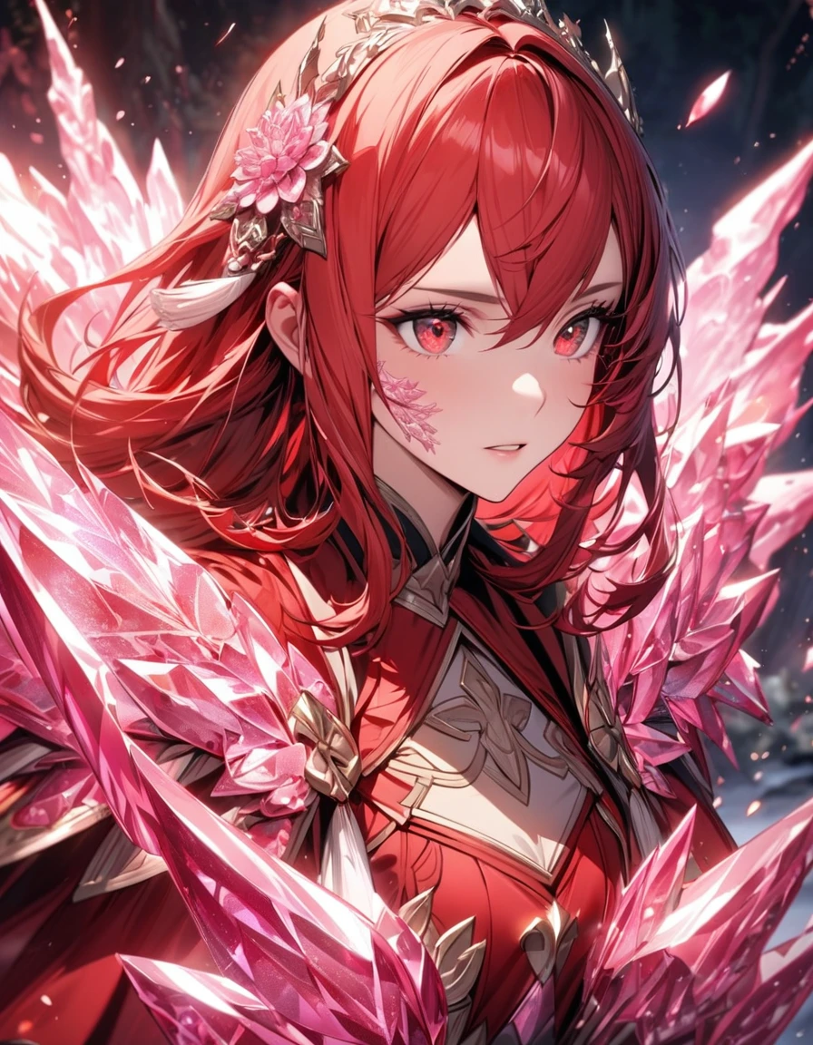 absurdres, highres, ultra detailed, HDR, masterpiece, extremely detailed face and eyes, Caldeori, red hair, expressive red eyes, Fire Emblem Fates, solo, girl, extremely beautiful, pretty, red clothes, pink ice trees, pink ice flowers, pink ice butterflies