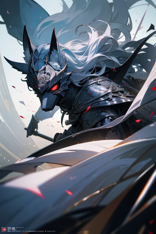 Masterpiece、Wolf Knight, fine armor, Intricate Design, Silver, silk, Cinema Lighting, 4K, Floating Hair, sharp、View your viewers、Red Eyes、