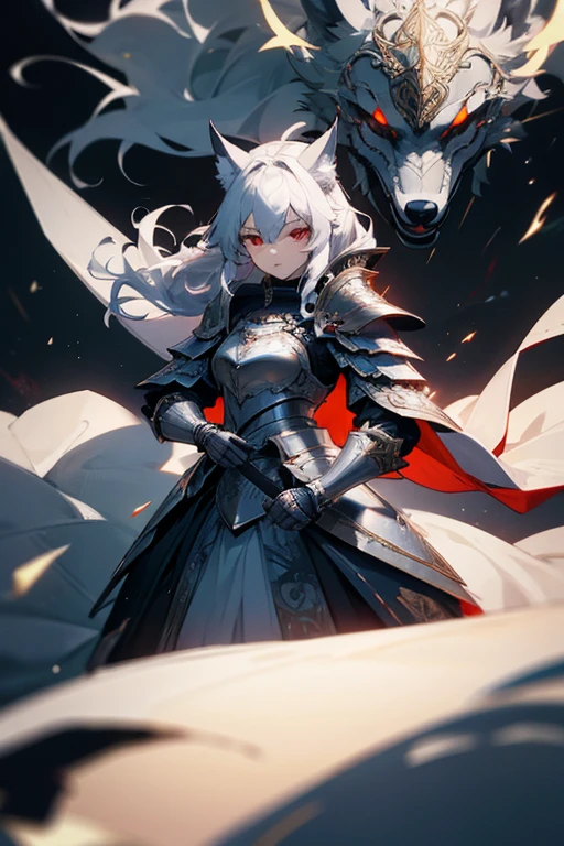 Masterpiece、Wolf Knight, fine armor, Intricate Design, Silver, silk, Cinema Lighting, 4K, Floating Hair, sharp、View your viewers、Red Eyes、