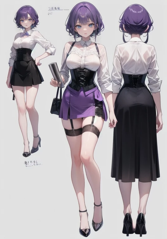 Purple Hair,Shortcuts,Adult female,(((bartender))),((Body Harness)),((Rolling up your sleevesＹshirt)),(corset),mini skirt(Short skirt),((garter belt)),High heels,((Simple Background)),smile,((Full Body)),((full body)),((whole body)),Character Sheet,