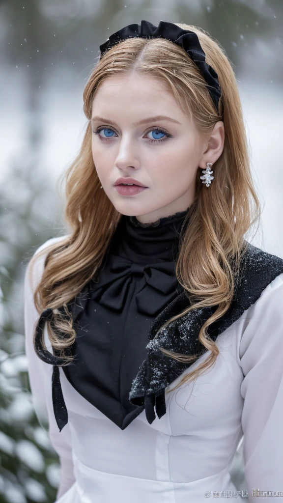 1 miniature Beautiful beautiful woman - Yuan Sayuki, ((top quality, 8K, Masterpiece:1.retty woman, 1 woman, huge breasts:1.3, a slim body:1.1, lush GINGER long hair with 2 ponytails and buns, (shower, wet body, wet clothes:1.1), very detailed face, detailed lips, detailed eyes, double eyelids, Detailed blue eyes, чрезвычайно Detailed Outstanding Blue Eyes, long GINGER wet hair, GINGER wet hair, Detailed Outstanding Blue Eyes, innocent look at the viewer, very wet wavy white hair, Detailed Outstanding Blue Eyes, huge cross earrings, Outdoors, badges behind, gothic maid uniform,  sexy maid dress, bare chest, huge chest tattoo, detailed huge catholic cross earrings, chest tattoo, Outside, wear a silver cross (Detailed cross shape), reality mode, wet breasts, black necklace, human crowd behind, black latex gloves, hair of white snowy colour, night time, red neon lights, demonic nun, nimbus (golden lighting ring above her head), angel, snowy weather, sexy pose, white lingerie, black maid dress, detailed flower wreath made of different colours, open chest