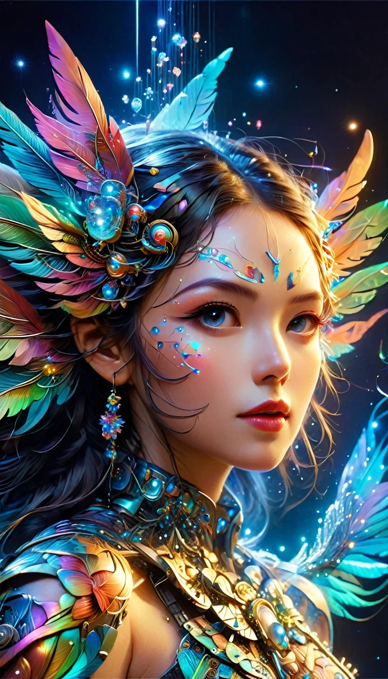Dramatic depiction of a stunning beauty with glittering wings，Rainbow feathers，She flew over surrealism，Dusk sky，Leaving a trail of stardust behind，Her eyes sparkled with mystery and curiosity.，She is surrounded by floating islands that are not affected by gravity.，Each piece is decorated with brightly colored floating crystals.，Bold and fantastical colors，Create an otherworldly beauty，Use drone cameras to capture unique angles