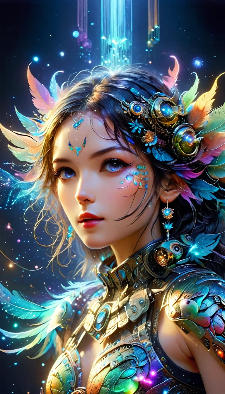 Dramatic depiction of a stunning beauty with glittering wings，Rainbow feathers，She flew over surrealism，Dusk sky，Leaving a trail of stardust behind，Her eyes sparkled with mystery and curiosity.，She is surrounded by floating islands that are not affected by gravity.，Each piece is decorated with brightly colored floating crystals.，Bold and fantastical colors，Create an otherworldly beauty，Use drone cameras to capture unique angles