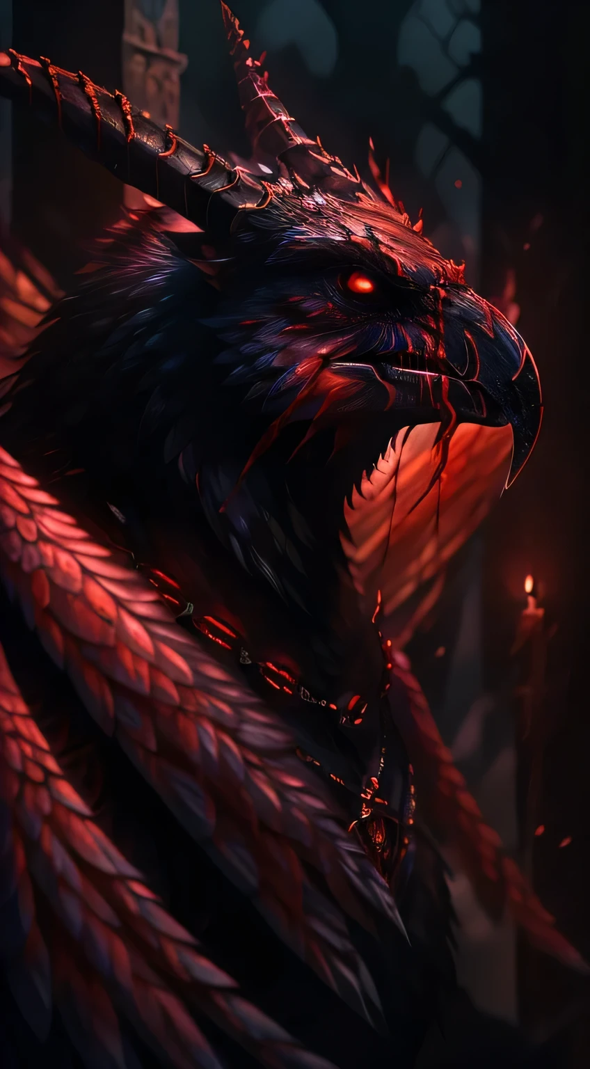 a close up of a demonic creature with wings and blood, dark fantasy style art, in style of dark fantasy art, dark fantasy art, dark fantasy horror art, an ominous fantasy illustration, fantasy dark art, dark fantasy concept art, armored raven, a minotaur raven, dark fantasy artwork, demonic creature, symmetrical epic fantasy art, gothic fantasy art