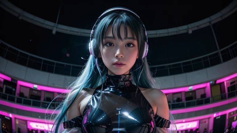 (masterpiece), highest quality, 超High resolution,Girl, サイバーパンク 1 美しい都市景観の上を飛ぶGirl ,Headphones,Blue Hair, Neon colorの流れ星, Very long hair, Off the shoulder, Neon color, Blink, Amazing night sky, Cinema Lighting, Realistic, Realistic Skin, High resolution,Fisheye Lens,Wearing a see-through transparent rubber suit,