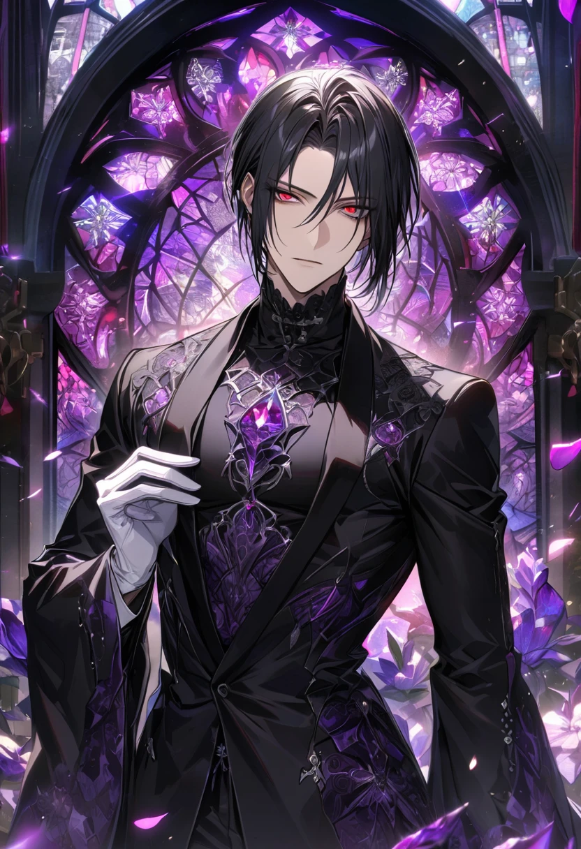 Ultra detailed, HDR, Highres, absurdres, master piece, Sebastian Michaelis, black hair, expressive red eyes, Kuroshitsuji, patterns, black tight shirt, purple stained glass, purple ice, petals, purple ice flowers, sexy man, solo, extremely detailed face and eyes, extremely handsome, glittering, toned chest, purple glass, white gloves,