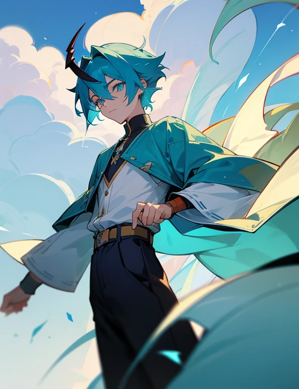 A young man with a appearances of a 20-year-old, but possesses the ability to transform into a Serpentine wind dragon (), boasts short hair with hues of cyan and sky blue. His demeanor is silent and calm, yet kind. His eyes, vivid and expressive, are a striking yellow. Two long, tapered horns, each bearing a small notch at the bottom, adorn his head. His attire resembles that of a 20-year-old man's adventure outfit, dominated by the colors sky blue and alice-blue