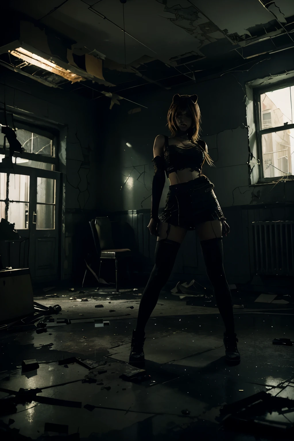 "Generate a high-resolution digital image portraying Bonnie from Five Nights at Freddy's in a destroyed, abandoned pizzeria. Bonnie should be depicted in a state of disrepair, with tattered fur, exposed endoskeleton, and a menacing presence. The abandoned pizzeria should be depicted with advanced details, showcasing cracked walls, broken furniture, and debris scattered across the floor. The lighting should be dim and eerie, with shafts of light cutting through the darkness, emphasizing the eerie atmosphere. The style should evoke a cinematic quality, with dynamic composition and use of shadows to enhance the sense of horror and suspense."