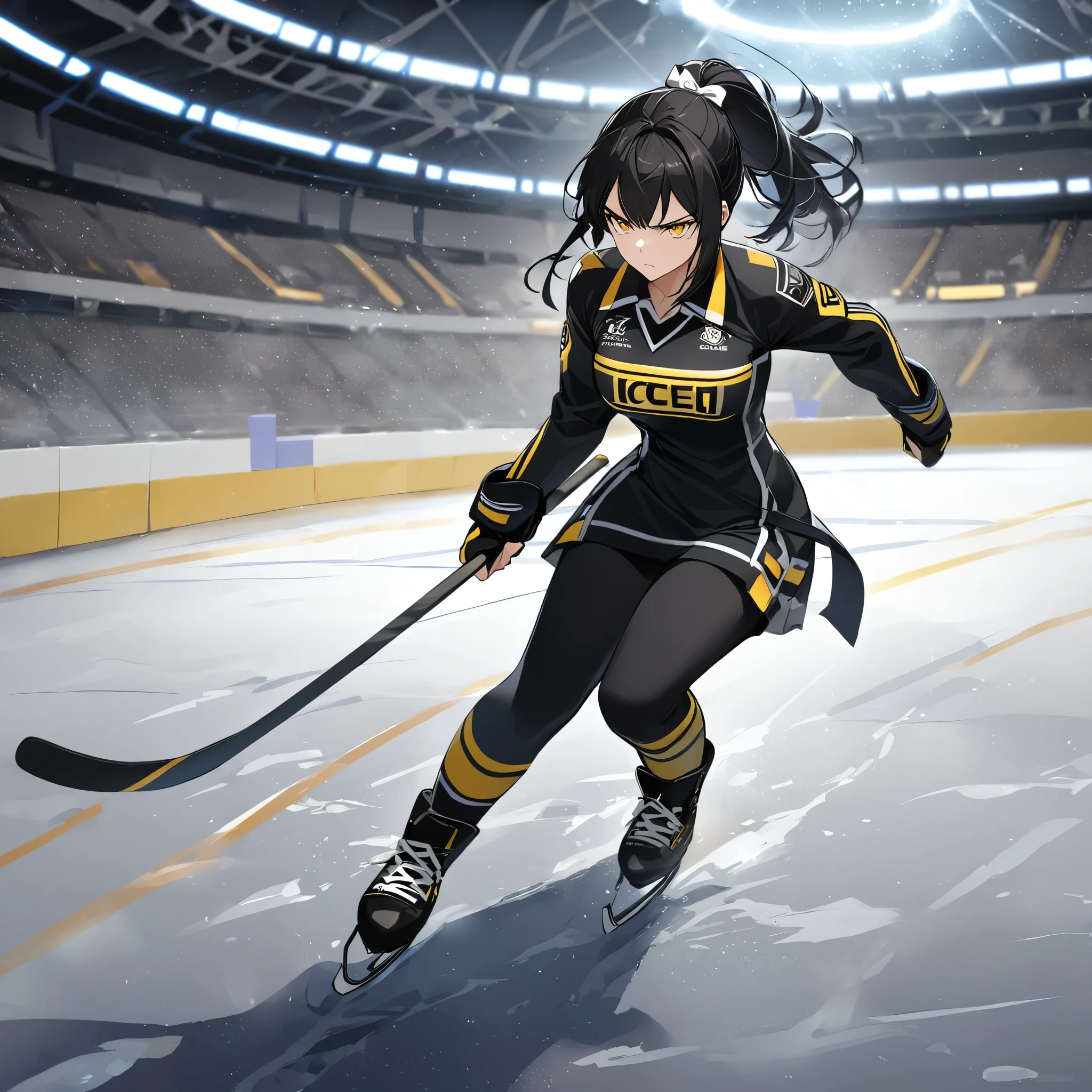 a woman wearing black ice hockey uniform with yellow letters on the uniform, walking on the icy floor of the ice hockey arena, closed stadium, illuminated place, ice hockey boots, long black hair, ponytail hair, white bow on hair, yellow eyes, full body, serious face.
