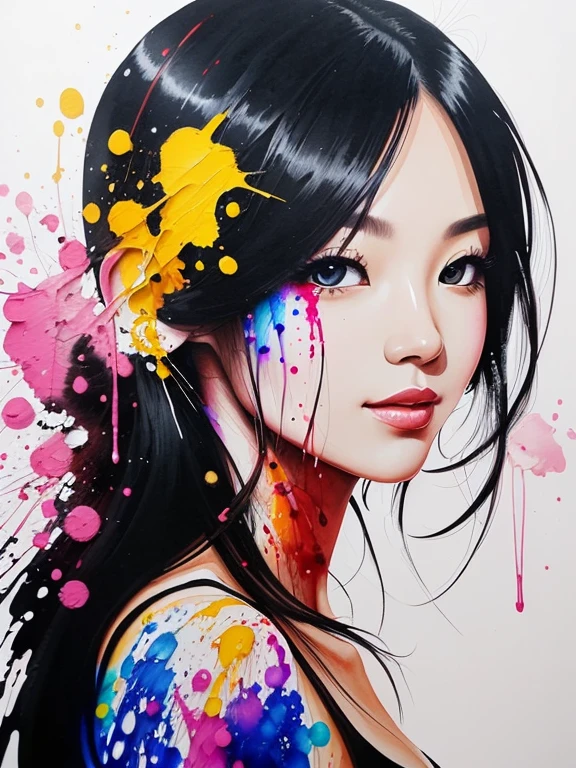 Ink splattering、A painting of a beautiful woman's face with ink drops falling on it, done with transparent watercolor paints --air 4:5 --s 500, Ririsi