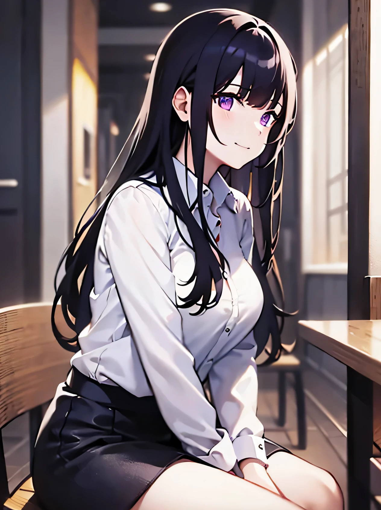 Sitting in a chair, hand between legs、Side view、 Upper Body, Realistic, Real person, (Pale skin: 1.2), RAW Photos, Realistic, Portrait Photography, Shiny skin, Japanese Idols、Shiny Hair、(A 33-year-old woman with medium-length straight hair and bangs) and (Black Hair) and (Purple eyes) , (White collared shirt) and (Long sleeve) 、Tight Skirt、(smile)and(Looking up)The background is a dining bar at night.、alone、Are standing、breast enhancement、Bold Pose