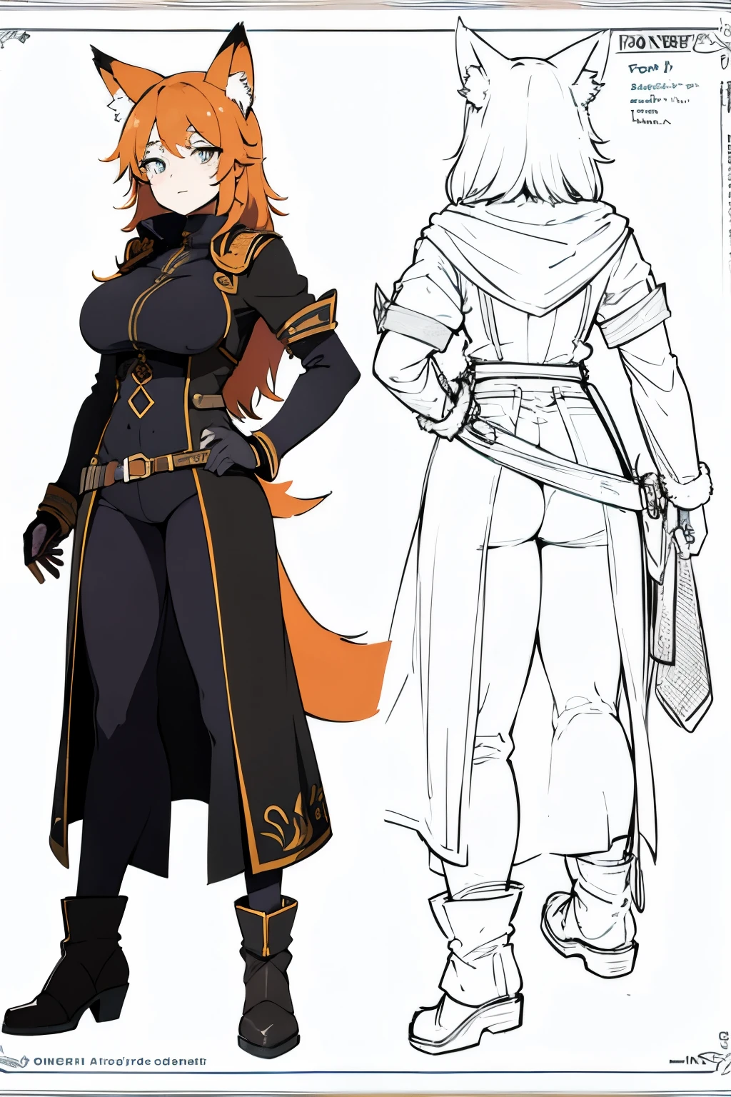 1Woman, (solo:1.2), (Adult Famale:1.2), (milf:1.5) BREAK (Orange haired:1.2), Long length wavy hair, BREAK fantasy, (huntress:1.2), (RPG ranger:1.2), BREAK (winter coat:1.2), BREAK Wolf Ears, (Fox Ears:1.2), BREAK (Fox Tail:1.2), (kitsune:0.7), BREAK (Amber Eyes:1.2), BREAK (female body:1.2), (Well trained body:0.7), (Atlhetic Physique:0.7), Tall, BREAK (reference sheet:1.2), (model sheet:1.2), (CharacterSheet:1.1), BREAK (simple background, white background:1.1), BREAK (multiple views, [from behind|from side|from front|close-up|upper body|portrait]:1.2), BREAK (illustration:0.8), (Digital painting:0.8), (concept art:1.2), (anime style:0.7), (anime outline:1.1), BREAK (masterpiece:1.4),( best quality:1.4), top quality, official art, (beautiful and aesthetic:1.4), BREAK high resolution, unity 8k wallpaper, , BREAK