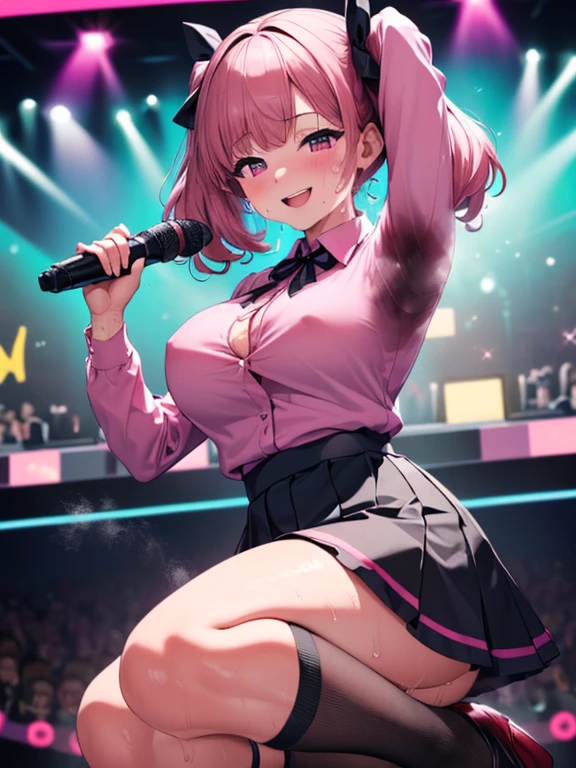 NSFW、8G、highest quality、Highest quality、Real、masterpiece、Mine system、(((Black and pink hair)))、Black Skirt、Knee socks、Absolute area、((Twin tails))、(((karaoke)))、(((sing)))、(((smile)))、No bra、(((脇Sweat)))、(((Sweat染み)))、(((Body odor)))、(((Sweat)))、(((Big Breasts)))、