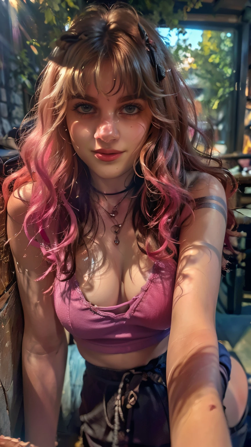 (((ultra realistic))) Photo, masterpiece, top quality, (pale skin), (Ultra detailed face and eyes:1.3), 1 girl, Adult, in a T-shirt, ((Eye makeup, pink mascara)), ((smile)), ((large detailed lips)), ((Pink wavy hair)), ((Chyolka)) , (Natural breasts), Slim waist. ((Posing)), photoshoot, studio (soft lighting), (The play of light and shadows), depth of field, bokeh, (special attention to skin detail: 1.2), Detailed leather texture, skin pores. (Warm atmosphere of the frame. Color range - purple, Pink, blue tones), UDR, ((Film grain)), ((rays)), (Glare), ((head to toe portrait)) , ultra detialed, 