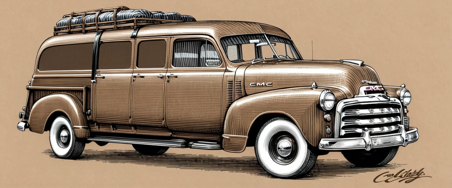 Black and brown drawing of an 1952 GMC Suburban CarryAll, on kraft paper, Karl Kopinski, fantasy, highly detailed, Vlop and Krenz Cushart, ornate detailing, Jean-Sebastian Rossbach, James Gene