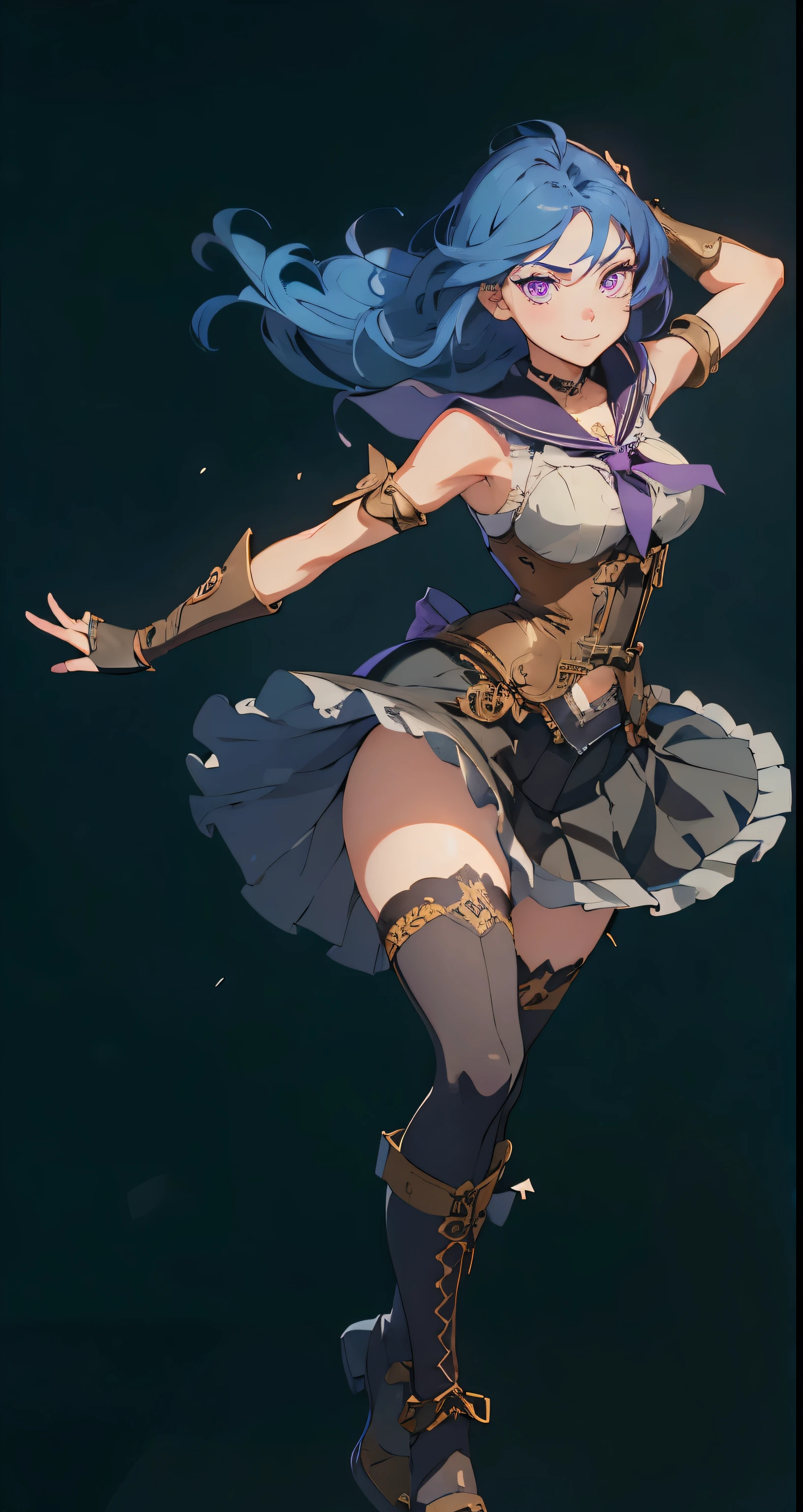 masterpiece, high quality, illustration, extremely detailed, standing, 1_women, (full body), ((floating in the air)), (bright blue hair), medium length hair, cute bangs, flowing hair, (exotic skin_complexion:1.4),mature, tall, ((smirking)), (smirk), beautiful, exotic, elegant, slim, (((sailor collar))), black thigh highs, choker, medium bust, (brown steampunk corset), black ta style skirt, ((skirt blowing up)), knee high heels with laces, (sleeveless), (purple fingerless_gloves), making a fist, diamond shaped eyes, (((purple eyes))), dark_eyeliner, long_eyelashes), natural dynamic lighting, steampunk, in space, ultra-detailed, Multi-layered textures, Albedo and Specular maps, Surface shading, Maximum clarity and sharpness.