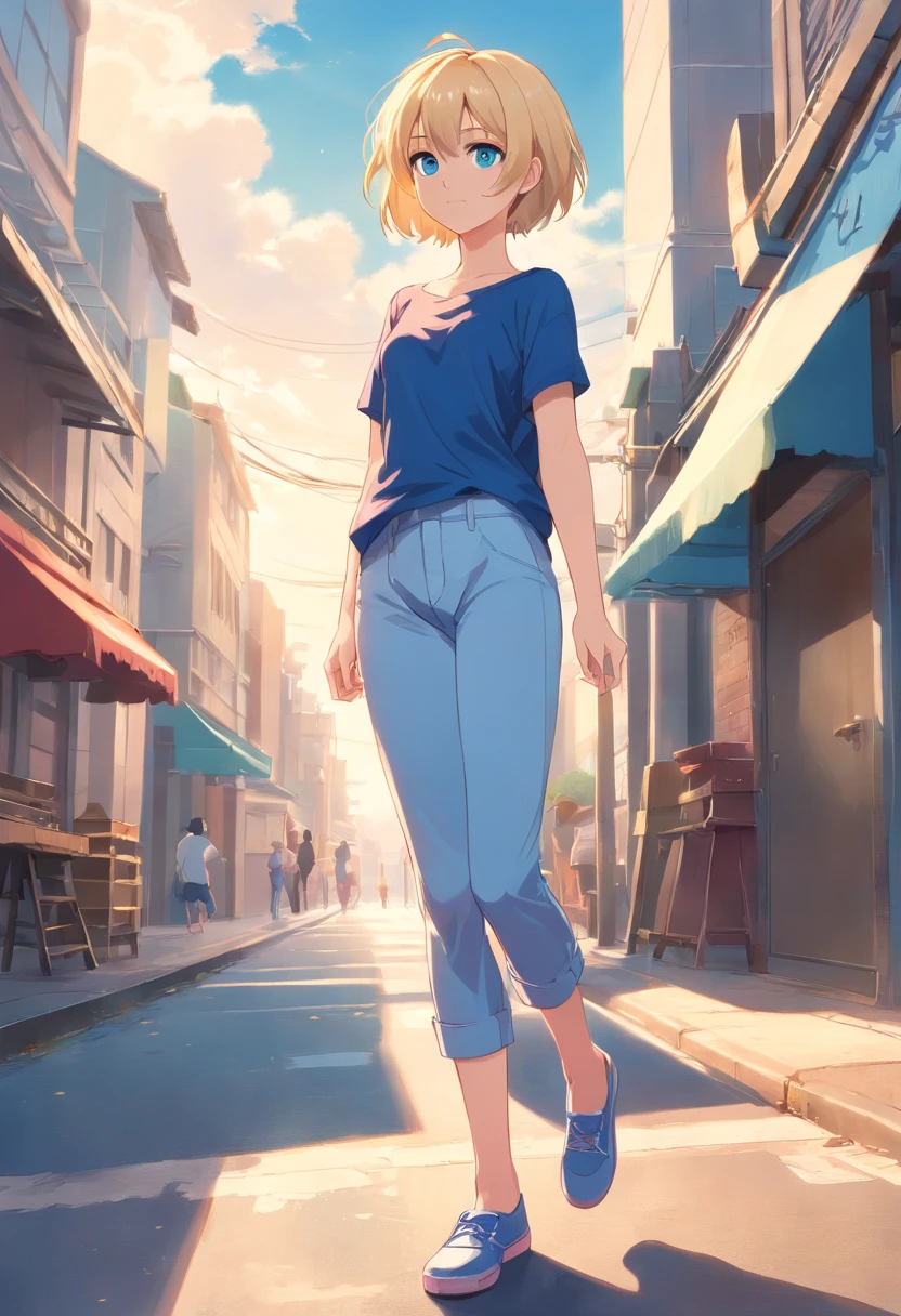 Women, ((Blonde)), ((Blue eyes)), ((Short hair)), ((Full Body)), She wears capri pants, a strapless t-shirt, a scarf around his neck, and ballerina shoes.