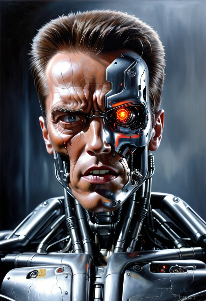 a ((photo realistic:1.25)) oil on canvas painting of a Terminator T-800 series CYBORG with an expression of disbelief, not afraid but very shocked