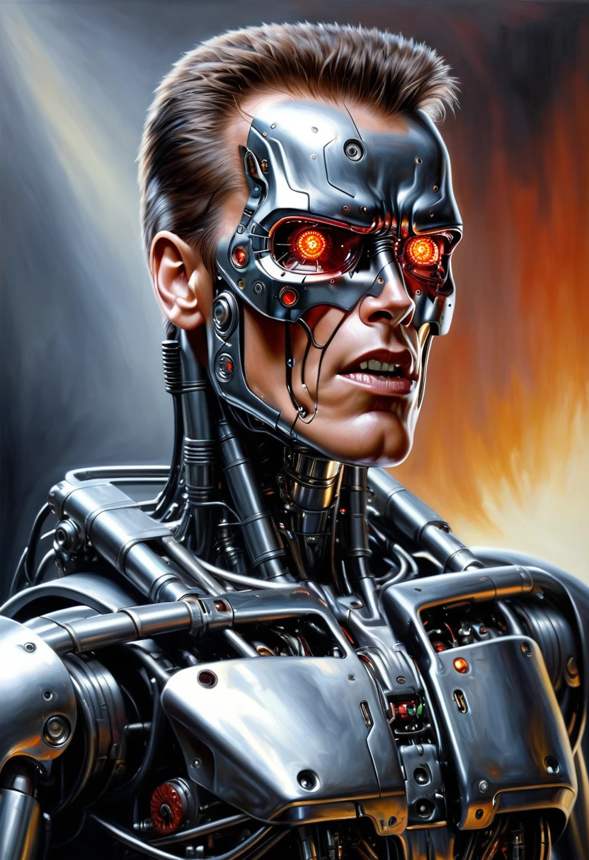 a ((photo realistic:1.25)) oil on canvas painting of a Terminator T-800 series CYBORG with an expression of disbelief, not afraid but very shocked