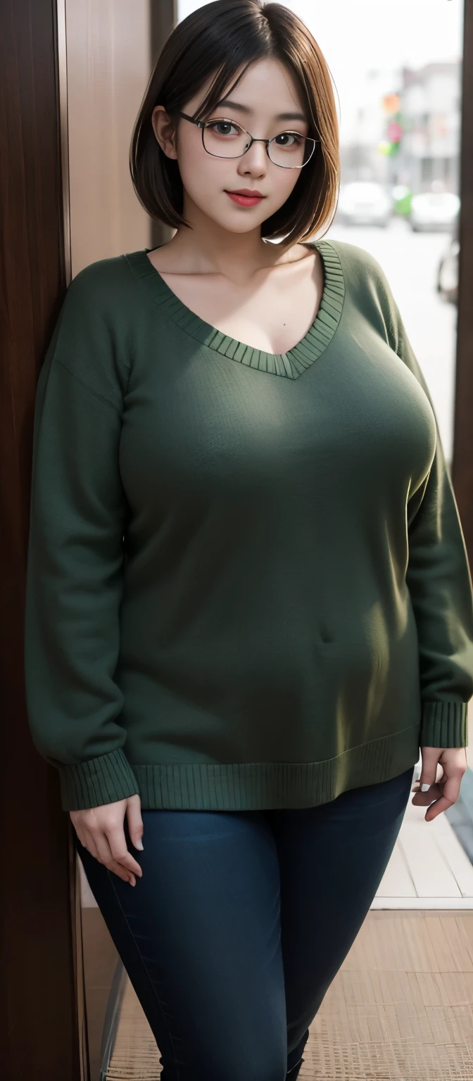 (Best quality,8k,ultra high res:1.2),(Pretty Japanese girl),(Huge breasts:0.8),(dark green sweater), (thick thighs:0.9), (obese body), (glasses)