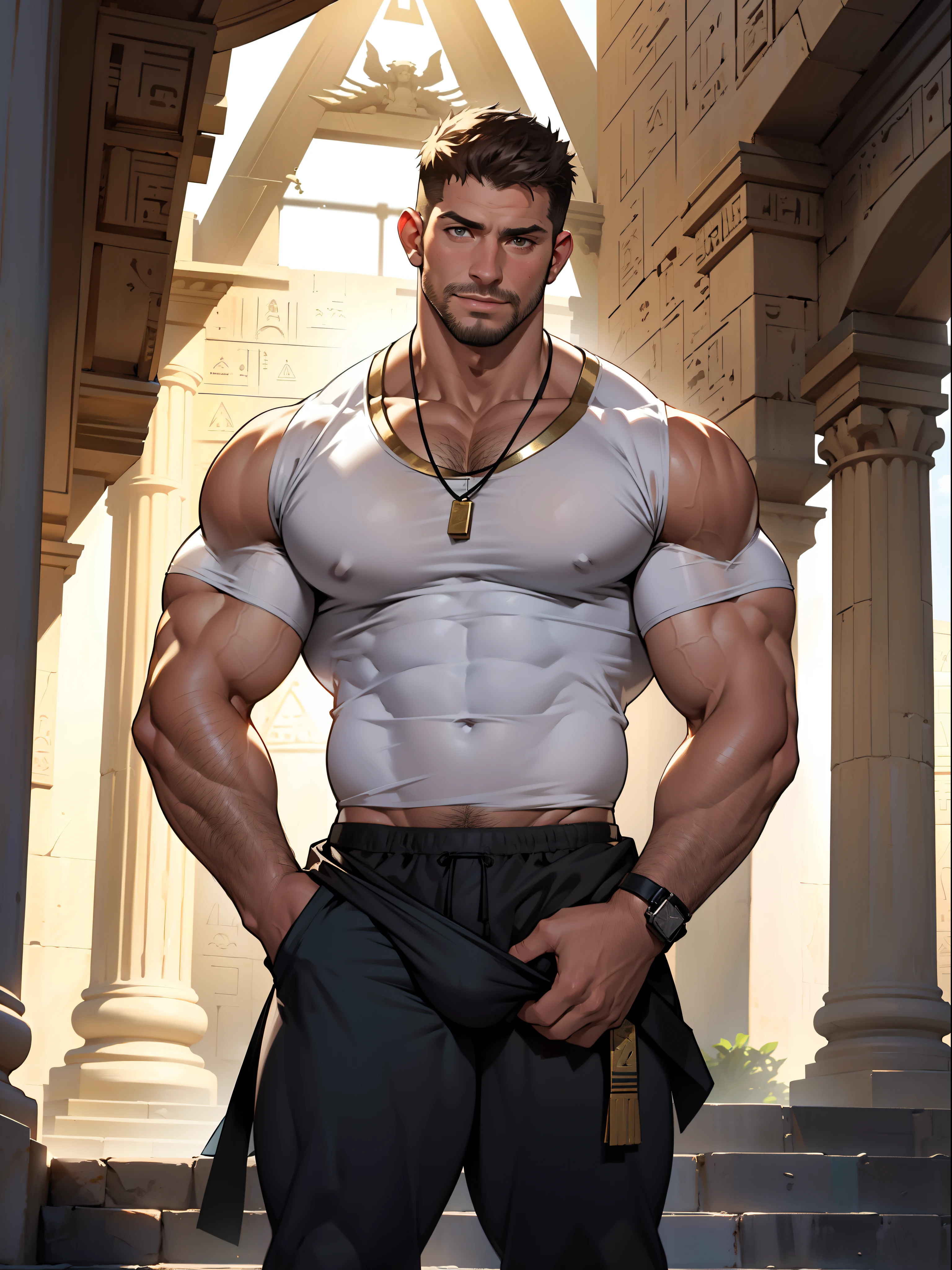 1 homem, jovem de meia idade, Chris Redfield, rosto sorridente, Sozinho, Pele branca, muscular, Corpo peludo, Muscle man, Alto, chunk, big biceps, abdomen, coxas grandes, ombro largo, Open chest, facial hair, cabelo curto preto, ancient egyptian clothing, exotic sexy outfits, in front of the pyramid, pyramid background, Egyptian vibe, pouca ou nenhuma roupa, espectador olhando, high resolution:1.2, melhor qualidade, tiro na parte superior do corpo, estilo simples, Low camera angle, volumetric lighting, profundidade de campo, sombra, Huge bulge in the groin, corpo todo, Roupas sensuais, Roupa interior transparente, roupa interior transparente