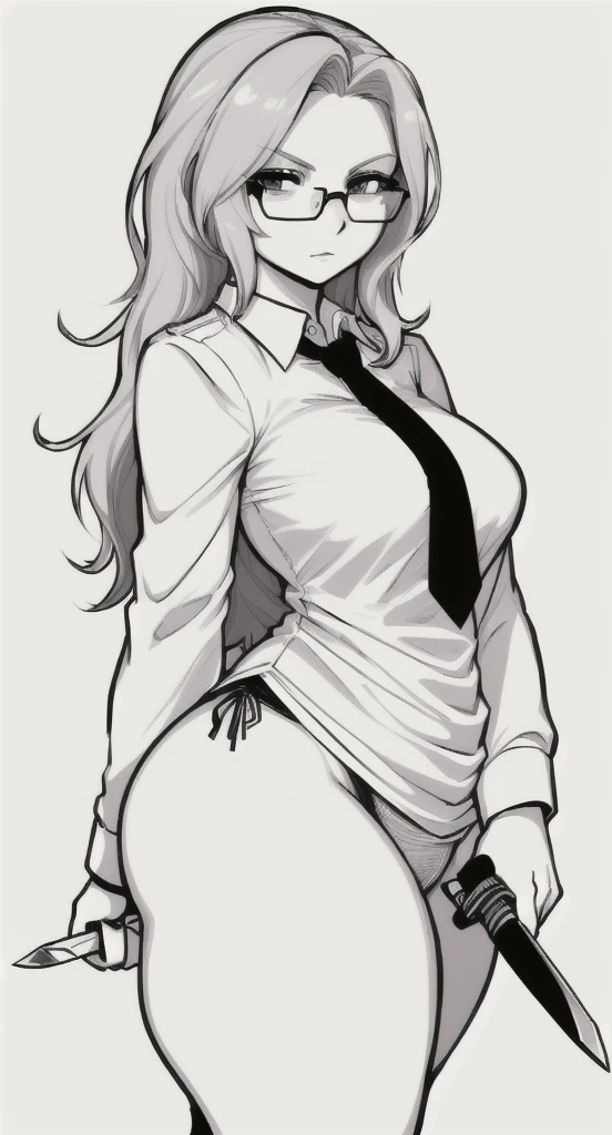 a drawing of a woman with glasses and a tie holding a knife, bold lineart, looking like annie leonhart, thick lineart, clean lineart, perfect lineart, clean anime outlines, thick black lineart, simple lineart, intense line art, extremely fine ink lineart, sharp lineart, annie leonhart, thick outlines, variable lineart