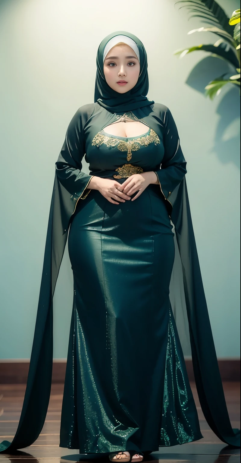 1 malay girl, modern plain hijab, shy, medium portrait, watery eyes, wearing pastel green kebaya, ((big breasts)), black bokeh background, well-proportioned body,, chubby massive thighs, full body pose, Hena art on the body, hena art oada face