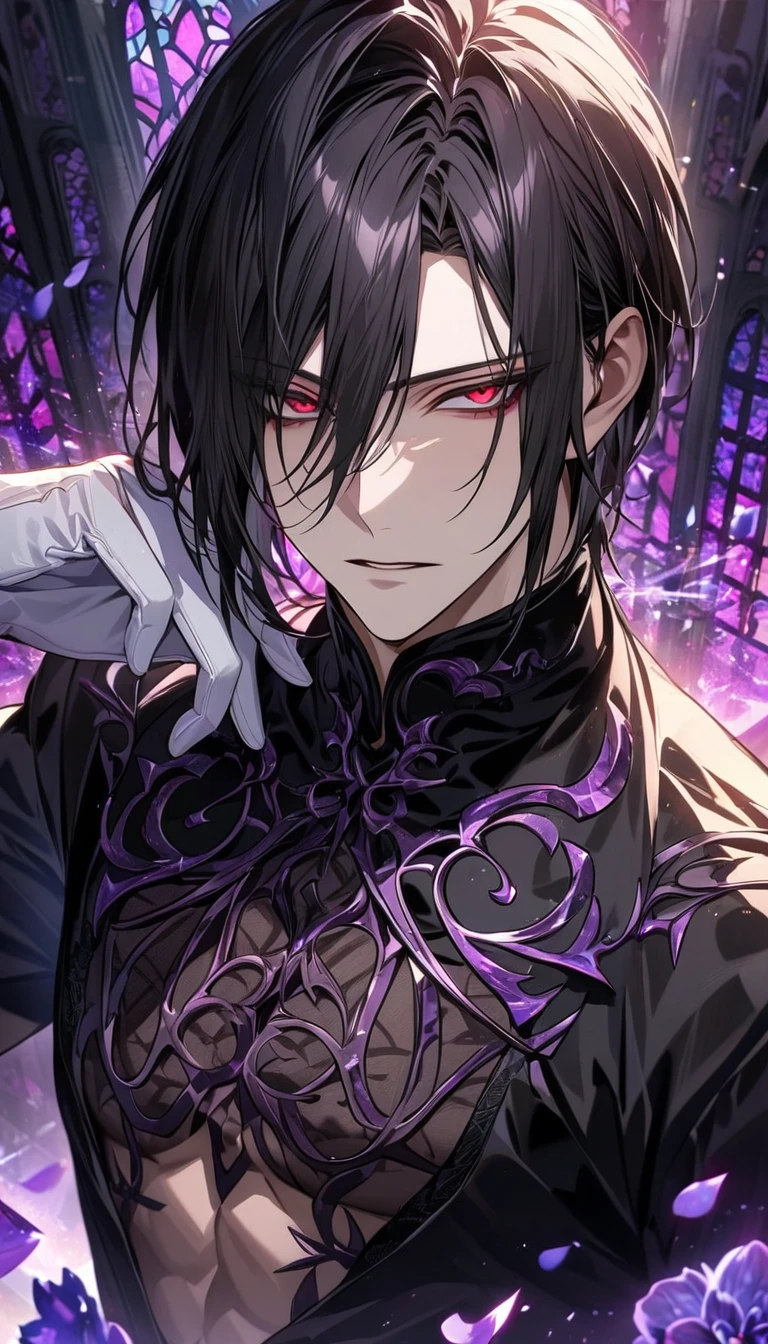 Ultra detailed, HDR, Highres, absurdres, master piece, Sebastian Michaelis, black hair, expressive red eyes, Kuroshitsuji, patterns, black tight shirt, purple stained glass, purple ice, petals, purple ice flowers, sexy man, solo, extremely detailed face and eyes, extremely handsome, glittering, toned chest, purple glass, white gloves,