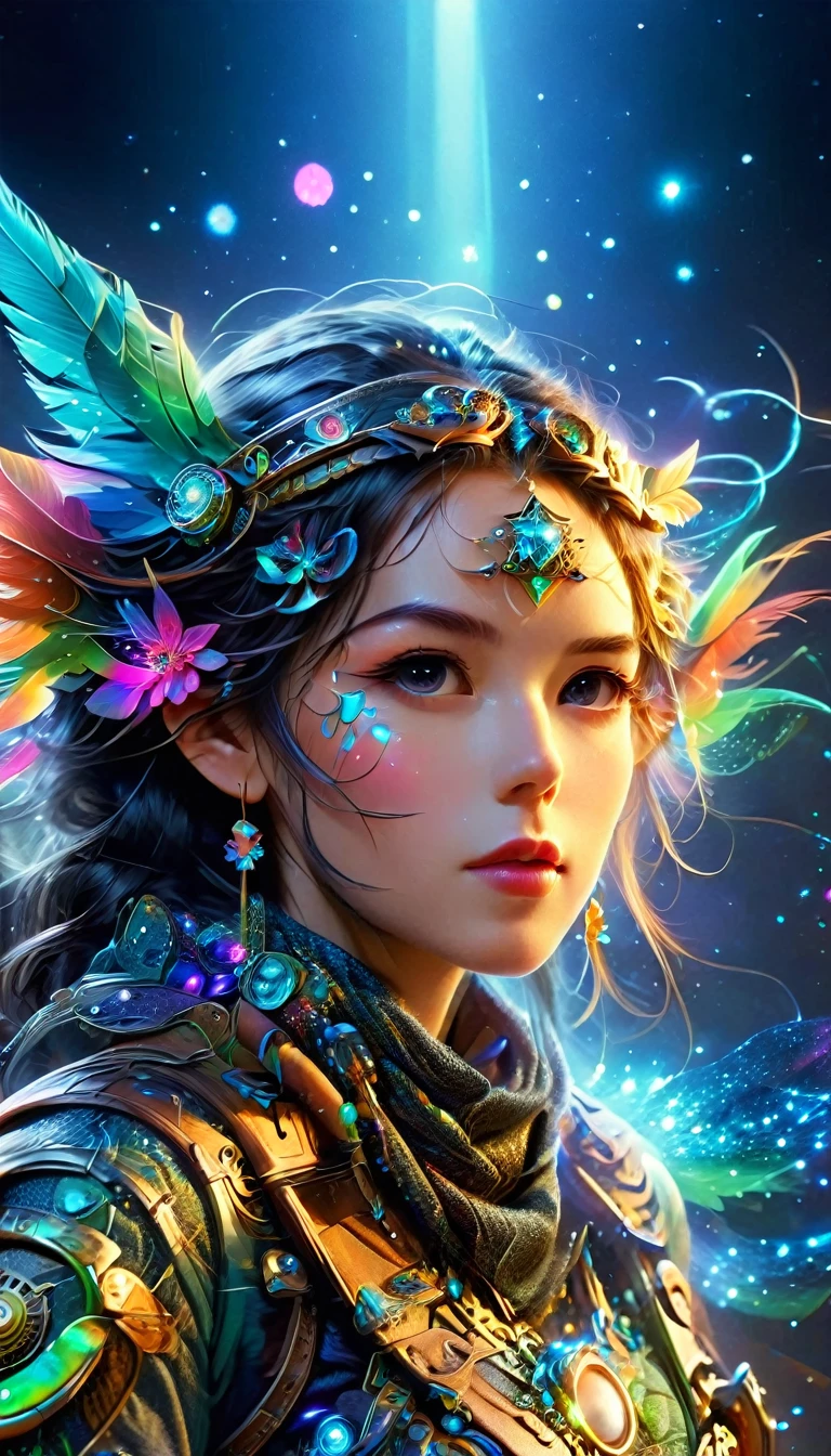 (cowboy shot:1.6), Dramatic depiction of a stunning beauty with glittering wings,Rainbow feathers,She flew over surrealism,Dusk sky,Leaving a trail of stardust behind,Her eyes sparkled with mystery and curiosity.,She is surrounded by floating islands that are not affected by gravity.,Each piece is decorated with brightly colored floating crystals.,Bold and fantastical colors,Create an otherworldly beauty,Use drone cameras to capture unique angles