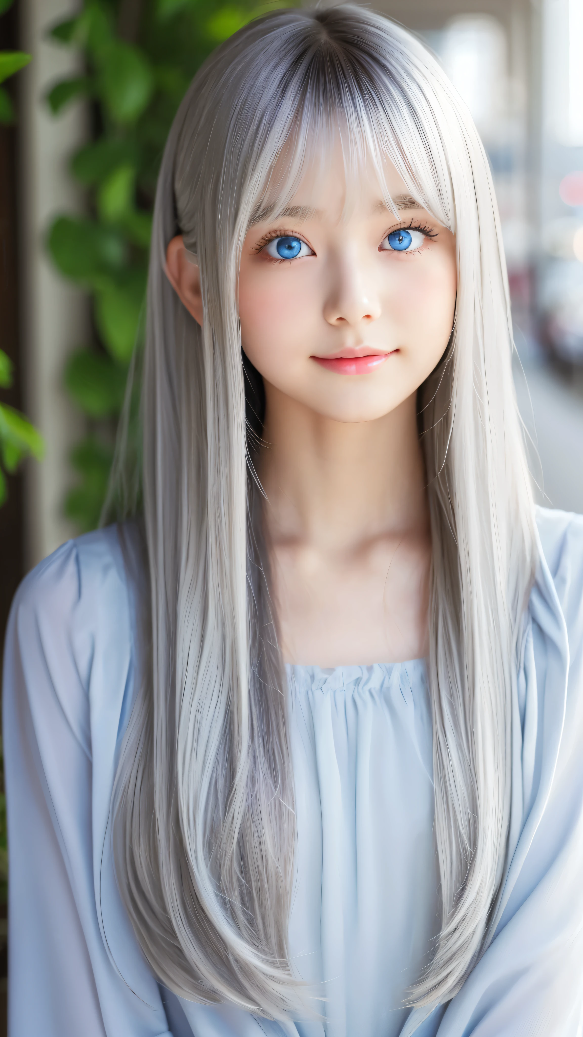 Shining, clear, white skin、Her windblown silver hair hides her beautiful face.、huge、28 years old cute sexy little beautiful face、Beautiful straight hair that stands out、growing up, Sparkling light blue eyes、long silky bangs that cover cute eyes, Sexy and cute young woman with super long hair hiding her sexy face、Shining silver hair