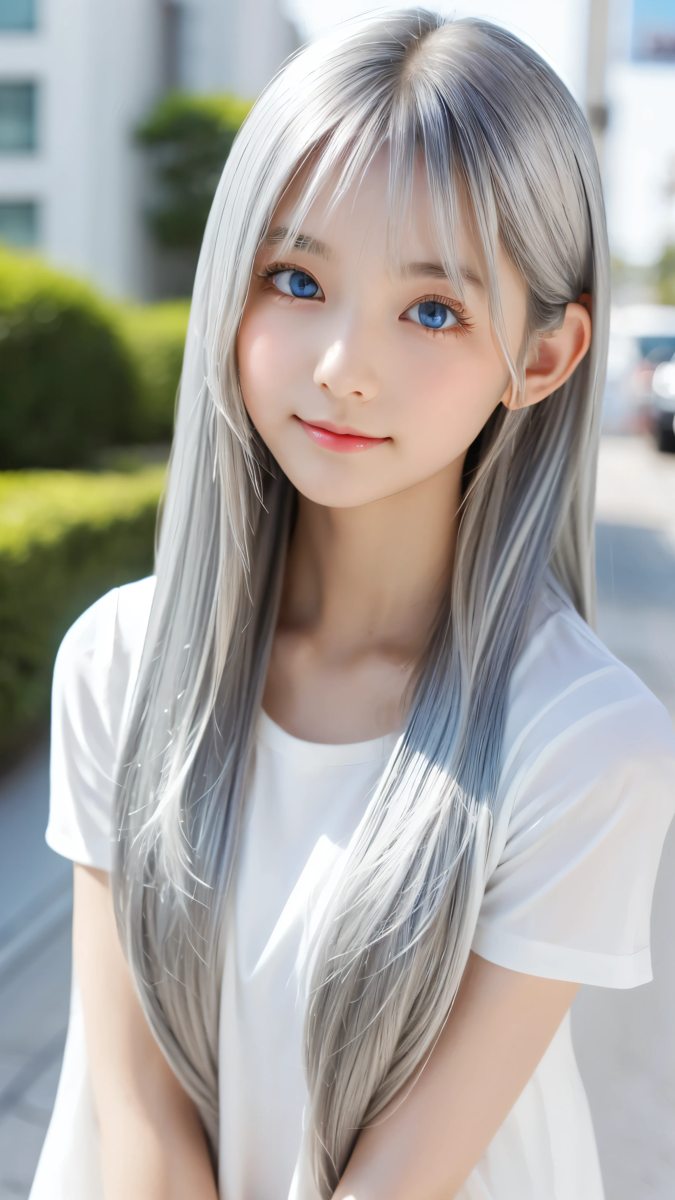 Shining, clear, white skin、Her windblown silver hair hides her beautiful face.、huge、28 years old cute sexy little beautiful face、Beautiful straight hair that stands out、growing up, Sparkling light blue eyes、long silky bangs that cover cute eyes, Sexy and cute young woman with super long hair hiding her sexy face、Shining silver hair