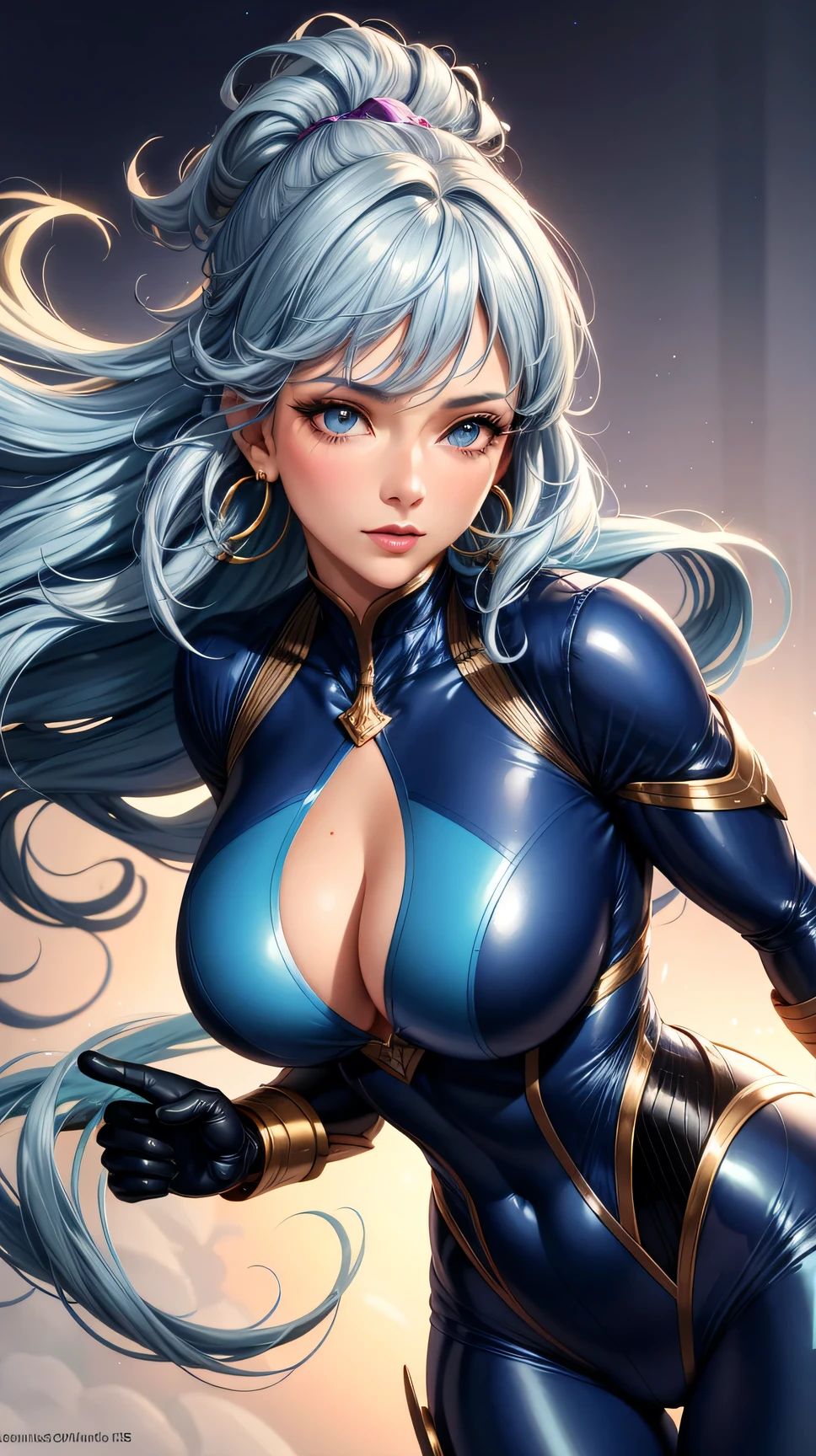 (best quality:1.5, highres, UHD, 4K, detailed lighting, shaders), blue curly haired, gradient hair, large breasts, blue suit, blue social long pants, mature woman , (pov), white background, colorful eyeshadow, dramatic lighting, sparkling eyes, sensual expression, golden earrings, flowing hair, delicate facial features, soft skin, high cheekbones, urban setting, white background, dont look for the camera, lean forward,