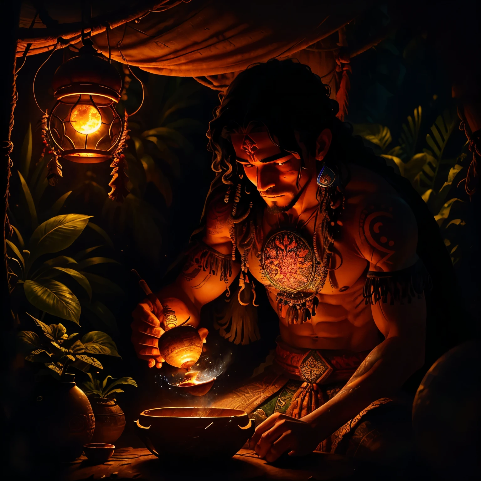 In the depths of the Amazon rainforest, a shaman prepares a sacred brew known as Ayahuasca. The setting sun casts long shadows over the jungle floor, as the first stars begin to twinkle in the twilight sky. The shaman's face, adorned with intricate tribal tattoos, is framed by long, curly gray hair, which falls over his shoulders and mixes with the lush foliage behind him.
The Ayahuasca potion simmers in a large, earthenware calabash, the rich, earthy aroma wafting through the air. The potion is a deep, inky black,