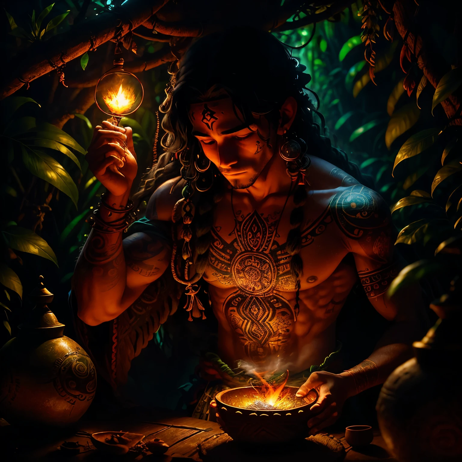 In the depths of the Amazon rainforest, a shaman prepares a sacred brew known as Ayahuasca. The setting sun casts long shadows over the jungle floor, as the first stars begin to twinkle in the twilight sky. The shaman's face, adorned with intricate tribal tattoos, is framed by long, curly gray hair, which falls over his shoulders and mixes with the lush foliage behind him.

The Ayahuasca potion simmers in a large, earthenware calabash, the rich, earthy aroma wafting through the air. The potion is a deep, inky black,