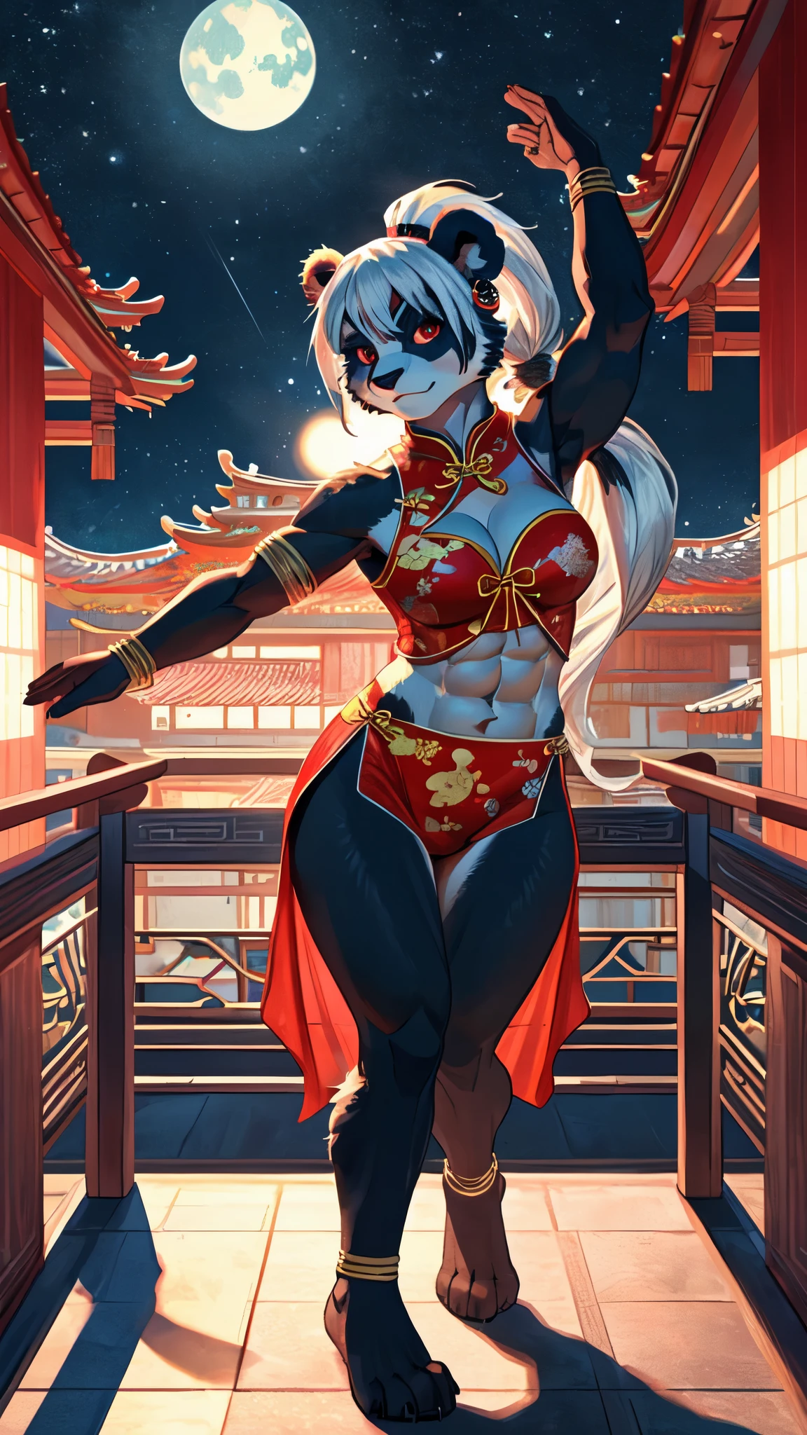female, furry, metallic, robotic, android, robotic limbs,  anthro, panda, no clothes, small breasts, thin body, curved thighs, standing in bedroom , legs spread, in front of window, science fiction, stars, galaxy, star ships, at night, dim light, high quality, masterpiece,