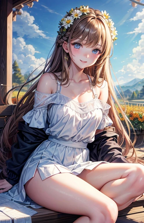 masterpiece、highest quality、High resolution、High-quality images、8k, 1 female、Skin Radiance、Texture of skin and clothing、Expression of fine eyes、shiny light brown hair,Girl with long braided hair, Corolla on the head , Manga inspired by Lee Jong-suk, Trending on deviantart, realism, detailed manga style, Manga art style, Perfect Line Drawing, Beautiful line art, digital manga art girl, K-POPアイドル, Beautiful Blue Eyes, Fuller lips, Gorgeous face with attention to detail, (Cute Smile), charm, Innocent, Side view, (Perfectly detailed face), (Beautiful Hands) Photorealistic images, Written boundary depth, Princess Hairstyles, autumn leaves, Romanticism, (Corolla of hair), (fashionable), Fair skin, ((Flower field background)), (Full Shot Shot),(Whole body 1.4),Cute girl solo front shot,(Panty Shot).White knitted off-the-shoulder,mini skirt,knee up、Sitting with legs apart,White panties,Panty Shot,With a skirt on,knee up,Perfect hands,Perfect legs