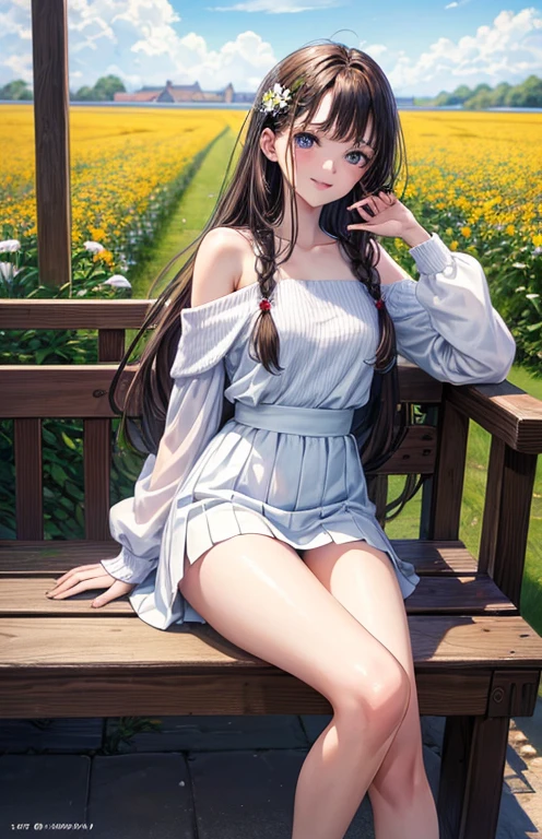 masterpiece、highest quality、High resolution、High-quality images、8k, 1 female、Skin Radiance、Texture of skin and clothing、Expression of fine eyes、shiny light brown hair,Girl with long braided hair, Corolla on the head , Manga inspired by Lee Jong-suk, Trending on deviantart, realism, detailed manga style, Manga art style, Perfect Line Drawing, Beautiful line art, digital manga art girl, K-POPアイドル, Beautiful Blue Eyes, Fuller lips, Gorgeous face with attention to detail, (Cute Smile), charm, Innocent, Side view, (Perfectly detailed face), (Beautiful Hands) Photorealistic images, Written boundary depth, Princess Hairstyles, autumn leaves, Romanticism, (Corolla of hair), (fashionable), Fair skin, ((Flower field background)), (Full Shot Shot),(Whole body 1.4),Cute girl solo front shot,(Panty Shot).White knitted off-the-shoulder,mini skirt,knee up、Sitting with legs apart,White panties,Panty Shot,With a skirt on,knee up,Perfect hands,Perfect legs