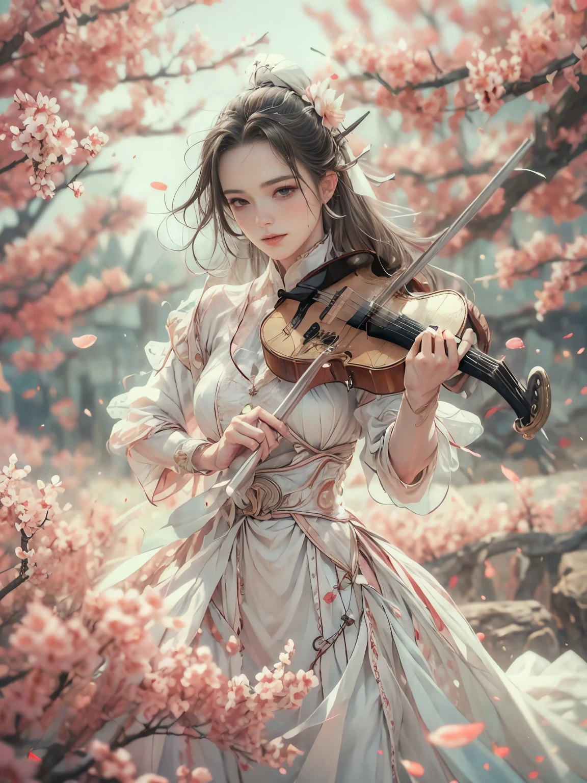 (8K, highest quality, masterpiece)，(Realistic, RAW Photos, Super Fine Clear), Realistic Light, Detailed skin, Beautiful woman, ((25-year-old female, bard:1.5)), Thin legs, fine grain, white long hair, Detailed fingers, thin, Sexual, Ecstasy facial expression, (Super big boucing firm bust:1.2), (deep scarlet long dress), The chest part of the dress is wide open, Chest exposed, (peach, peach tree garden, Flower storm), (playing a musical instrument:1.3), lakeside