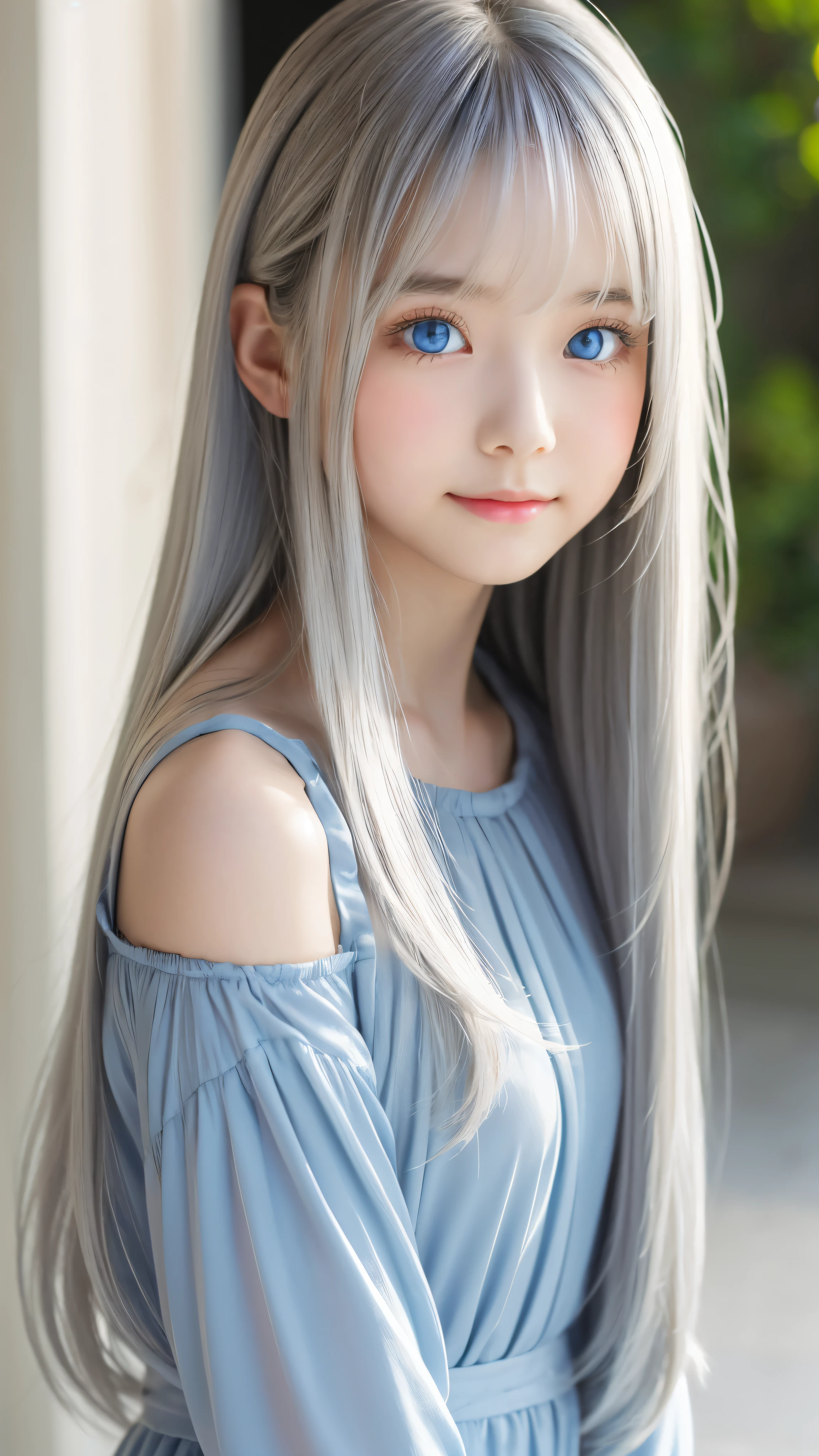 Shining, clear, white skin、Her windblown silver hair hides her beautiful face.、huge、28 years old cute sexy little beautiful face、Beautiful straight hair that stands out、growing up, Sparkling light blue eyes、long silky bangs that cover cute eyes, Sexy and cute young woman with super long hair hiding her sexy face、Shining silver hair