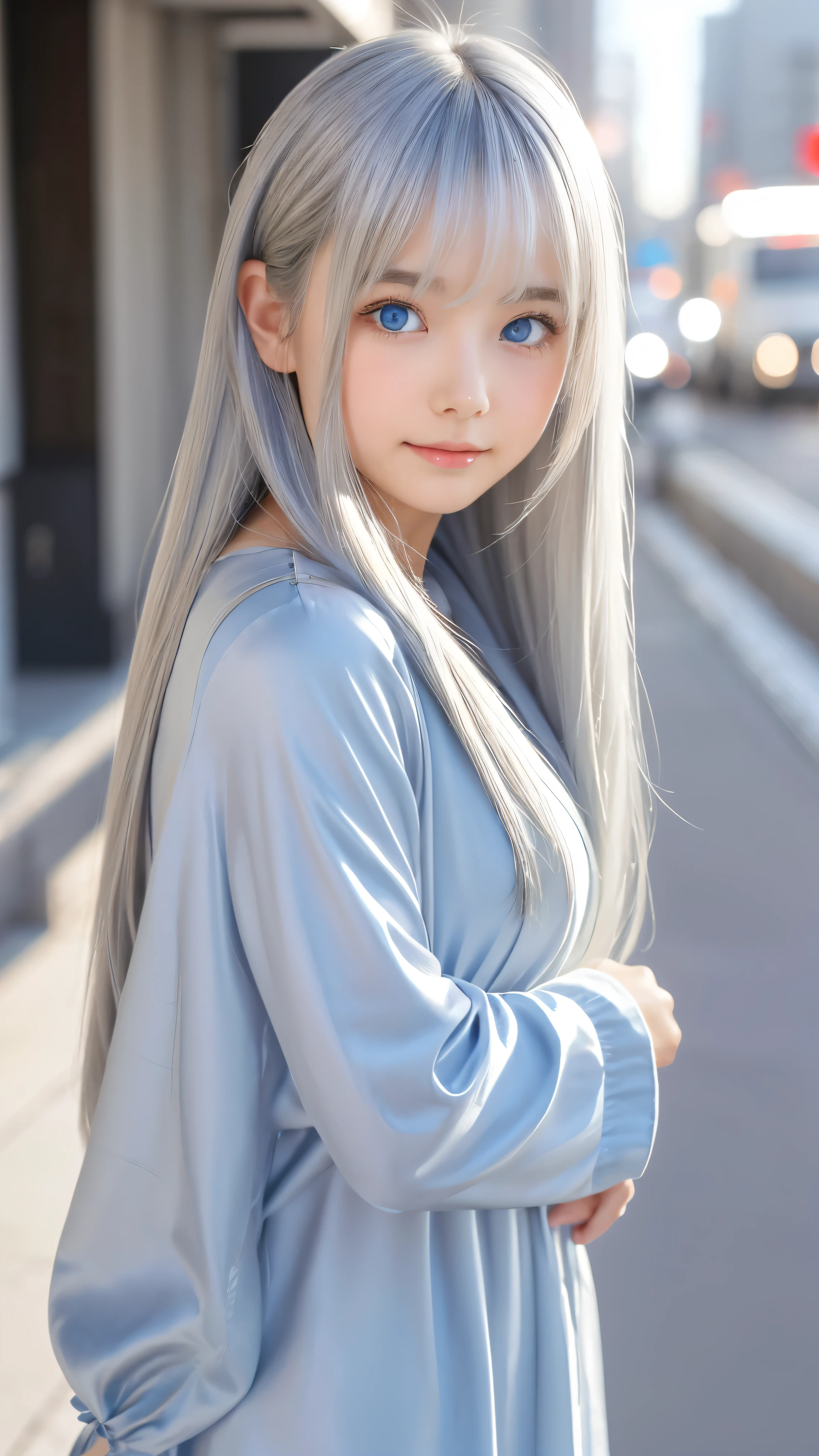Shining, clear, white skin、Her windblown silver hair hides her beautiful face.、huge、28 years old cute sexy little beautiful face、Beautiful straight hair that stands out、growing up, Sparkling light blue eyes、long silky bangs that cover cute eyes, Sexy and cute young woman with super long hair hiding her sexy face、Shining silver hair
