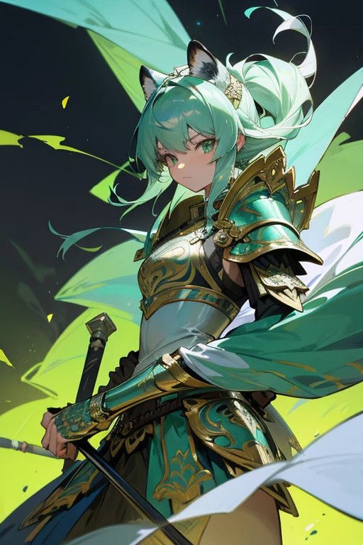 tiger knight, fine armor, Intricate Design, Silver, silk,  8k.sharp、View your viewers、overwhelmingly strong、Eyes are emerald green、