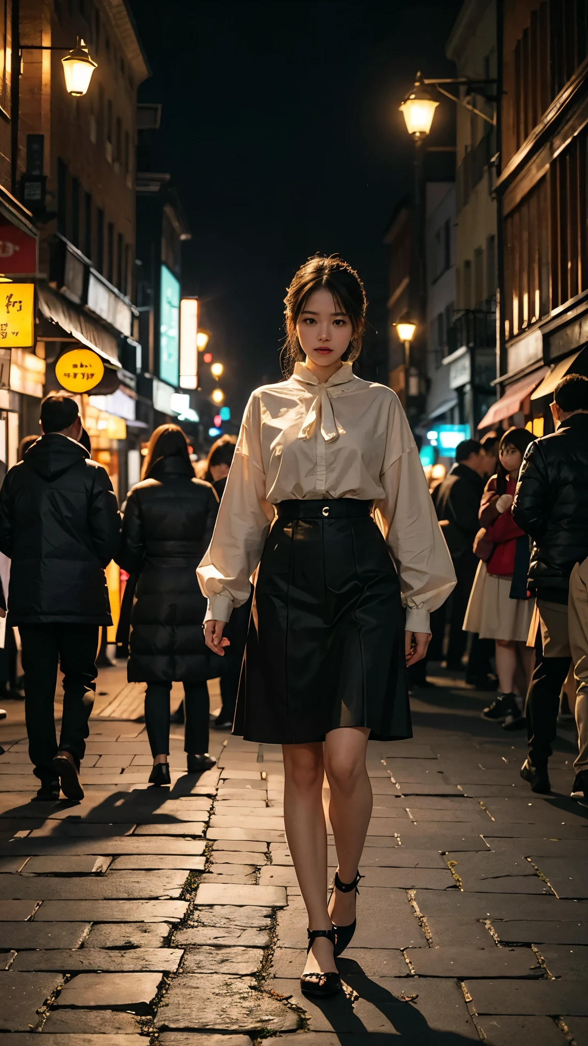 In the middle of a bustling city、A scene that looks like something straight out of a movie unfolds before your eyes.。The stage is set in high resolution.、Featuring intricate details that enhance its timeless appeal。Witnessing a scene that captures the essence of a bygone era when prosperity reigned supreme、The past comes alive。The warm light of the street lamps envelopes the surroundings.、Illuminating the cobblestone streets with a golden glow、corner々Illuminates up to。The cool night breeze、Carrying the hushed murmurs of the crowd as they gaze upon the mysterious figure, shrouded in an aura of intrigue and wonder.。Every step resonates softly