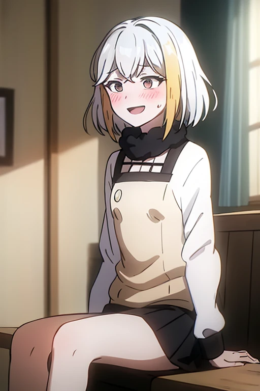 ((highest quality)), ((masterpiece)), (be familiar with), Perfect Face, indoor, Bedroom, Watching the audience,
One woman, Antiline Helan Fouché,
Open Mouth, Ecstatic expression, blush, smile,
Small breasts, Flat Chest, Young Girl, , , Girl,
Short Hair, Black and white hair, Two-tone color, Black and white eyes, Odd Eye, short hair,
Leg spread,