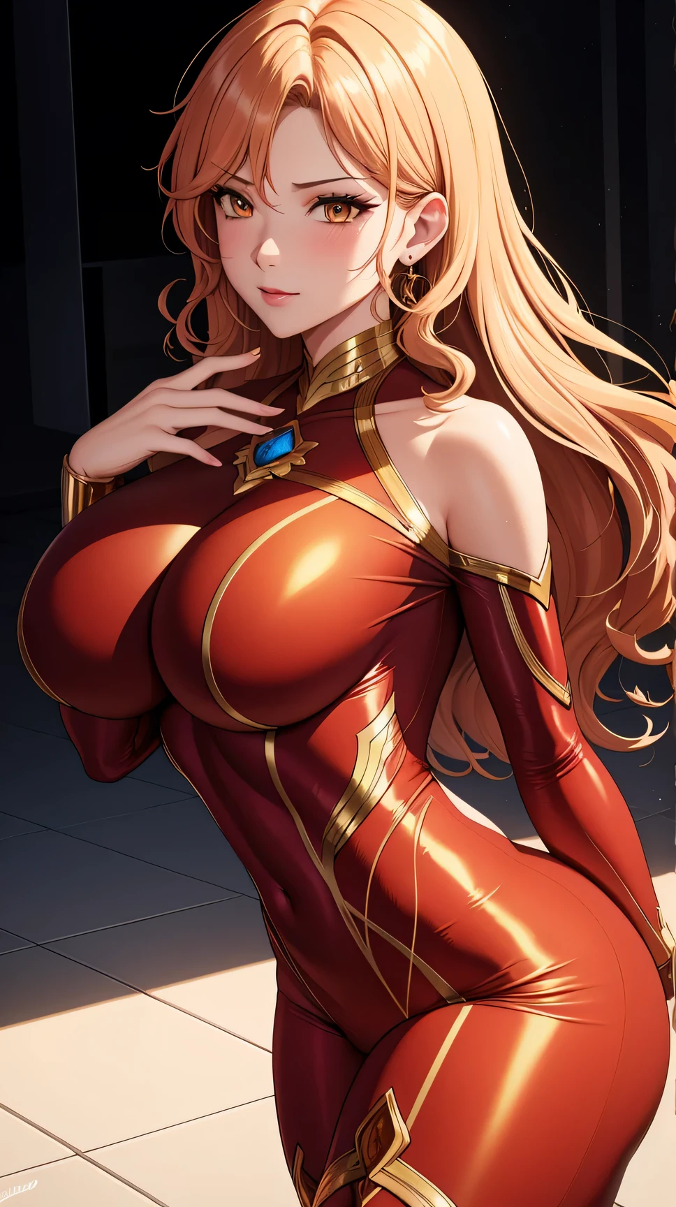 (best quality:1.5, highres, UHD, 4K, detailed lighting, shaders), gold curly haired, gradient hair, large breasts, red suit, red social long pants, mature woman , (pov), white background, colorful eyeshadow, dramatic lighting, sparkling eyes, sensual expression, golden earrings, flowing hair, delicate facial features, soft skin, high cheekbones, urban setting, white background, dont look for the camera, lean forward,